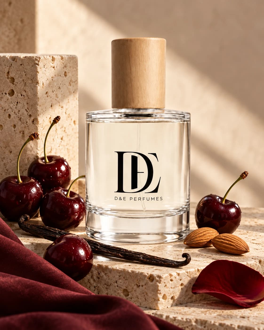 D&E Found Cherry, in beeld gebracht met zwarte kers, bittere amandel, roos