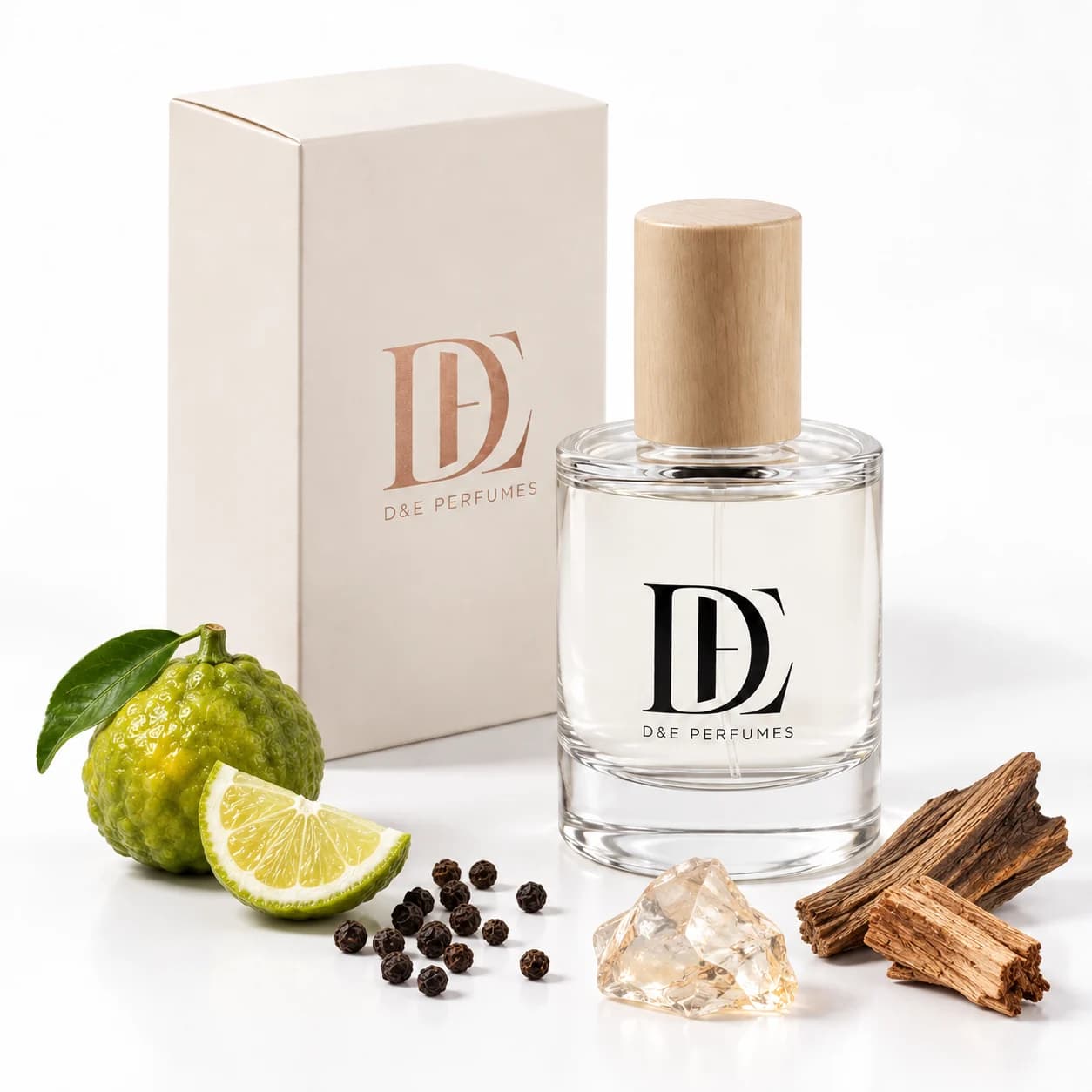 Een transparante D&E-parfumflacon met houten dop naast het eigen geschenkdoosje met zwart monogram